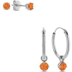 Silventi 9SIL-SET0007 Zilveren Set Oorringen met hangertje en Oorknopjes met Zirkonia - 15mm Doorsnee - Knopjes 3mm - Oranje - Rhodium - Zilver