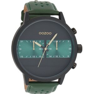 OOZOO Timepieces - Zwarte horloge met groene leren band - C10517