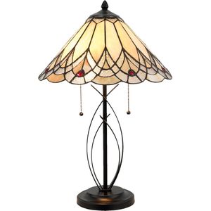 HAES DECO - Tiffany Tafellamp Ø 40x60 cm Beige Glas Driehoek Tiffany Bureaulamp Tiffany Lampen Glas in Lood