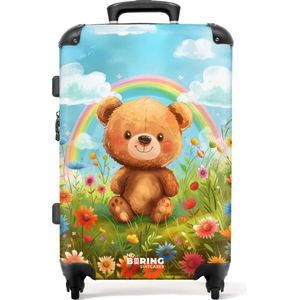 NoBoringSuitcases.com® - Kinderkoffer - Kindertrolley - Bruine teddybeer voor regenboog in een bloemenveld - Koffer kind groot - Rolkoffer lichtgewicht - Reiskoffer met 4 wielen - Grote trolley XL - 20 kg bagage