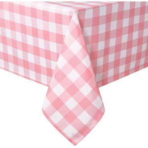 Geruit vierkant tafelkleed van polyester, vuilafstotend, waterafstotend en kreukvrij, wasbaar tafelkleed voor eetkamer, feest, tuin, 140 x 280 cm, perzik, roze en wit