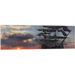 WallClassics - Vlag - Groot Piratenschip op Zee met Zon - 120x40 cm Foto op Polyester Vlag