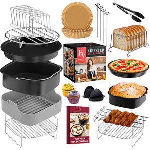 EnzoVita® Premium Airfryer Accessoires set - Meest Complete set - XL - Heteluchtfriteuse - Airfryer Accesoires set - Geschikt voor Airfryer XL en XXL - Vaatwasserbestendig - Inclusief Airfryer Siliconen Bakje & Nederlands Receptenboekje - Bakpapier