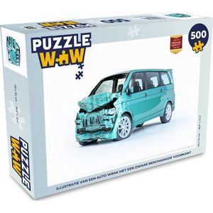 Puzzel Illustratie van een auto wrak met een zwaar beschadigde voorkant - Legpuzzel - Puzzel 500 stukjes