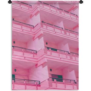 Wandkleed - Wanddoek - Balkon - Zomer - Roze - Architectuur - 60x80 cm - Wandtapijt