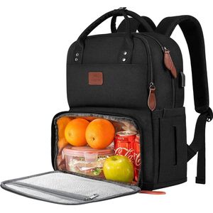 Laptop lunchrugzak, 15,6 inch picknickrugzak met laptopvak, rugzak voor mannen vrouwen met USB-poort, geïsoleerde koeltas voor kamperen, reizen, zakelijk werk, zwart
