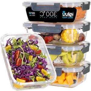 Luchtdichte Glazen Containers met Lekbestendige Snap-Lock Deksels - Luchtdichte Portiecontrole Voedselopslag - BPA-Vrij - Magnetron Oven & Vaatwasserbestendig - 1050ml (3 Stuks) Meal prep bakjes