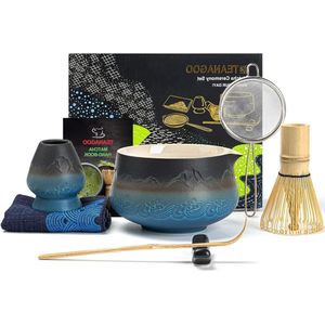 Japanse Matcha Garde Set - Bamboe Garde en Schep - Matcha Kom met Giettuit - Houder - 7 stuks - Gradient Navy Zwart