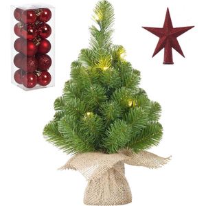 Kunst kerstboom met 10 LED lampjes 45 cm inclusief rode versiering 21-delig - Mini kerstboompjes