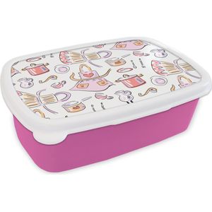 Broodtrommel Roze - Lunchbox - Brooddoos - Patronen - Keuken - Schort - Koken - Pastel - 18x12x6 cm - Kinderen - Meisje