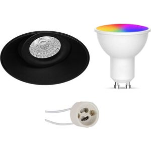 LED Spot Set GU10 - Facto - Smart LED - Wifi LED - Slimme LED - 5W - RGB+CCT - Aanpasbare Kleur - Dimbaar - Afstandsbediening - Pragmi Nivas Pro - Inbouw Rond - Mat Zwart - Trimless - Kantelbaar - Ø150mm