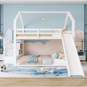 Sweiko Stapelbed 140x200cm met Opbergtrap en Glijbaan, Huisbed, Kinderbed met reling, Geschikt voor Kinderen, Tieners, Wit