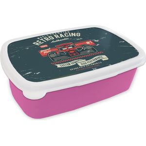 Broodtrommel Roze - Lunchbox - Brooddoos - Raceauto - Racebaan - Retro - Tekening - 18x12x6 cm - Kinderen - Meisje