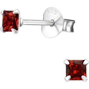 Joy|S - Zilveren vierkant oorbellen - rood kristal - 3 mm