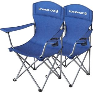 Set van 2 blauwe campingstoelen met hoge rugleuning, armleuningen en bekerhouder, inklapbaar tot 150 kg - ideaal voor buiten gebruik
