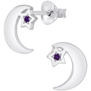 Joy|S - Zilveren maan oorbellen - ster zirkonia paars - 7 x 9 mm