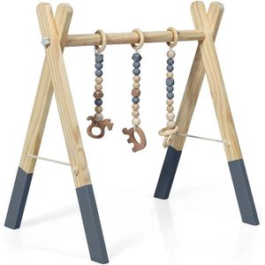 Trendmix Houten Babygym met 3 Hangers – Activiteitencentrum Babyspeeltoestel Naturel Hout & Grijs 60x44x60 cm - Speelgoed voor Baby’s vanaf 3 Maanden
