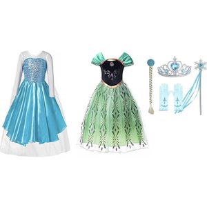 Prinsessenjurk meisje - Anna groene jurk - maat 110/116 - 2 x Verkleedjurk - Elsa jurk - 6/pack - Carnavalskleding kinderen - Prinsessen Verkleedkleding