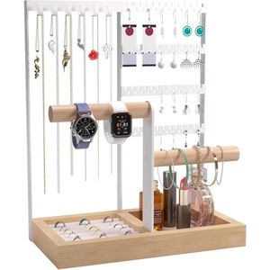 4-laags sieradenstandaard-organizer met oorbelgaten en houten ringorganizer - wit