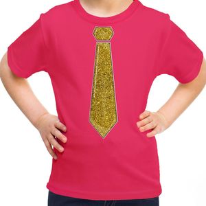 Bellatio Decorations Verkleed t-shirt voor kinderen - glitter stropdas - roze - meisje - carnaval 164/176