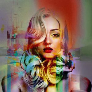 Dibond - Vrouw / Gezicht / Foto Art - Wit / zwart / groen / blauw / rood - 35 x 35 cm