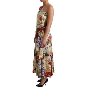 Print zijde stretch jurk met één schouder bloemen