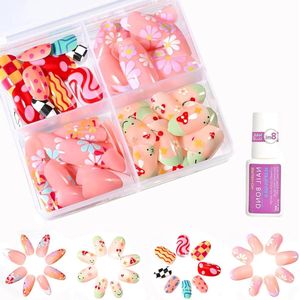 96 Stuks Schattige Kunstnagels voor Kinderen - Bloemen, Kersen, Punten en Lijnen Designs - Cadeau voor Meisjes
