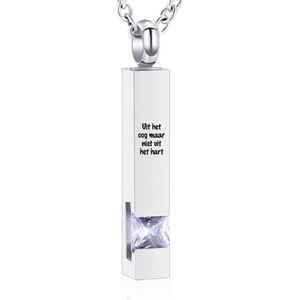 Luxe Ashanger | Met Ketting En Gravering | Uit Het Oog Maar Niet Uit Het Hart | Assieraad | Zilverkleurig Met Licht Paarse Steen | As Ketting | Gedenksieraad | Urn | Incl. As vuller