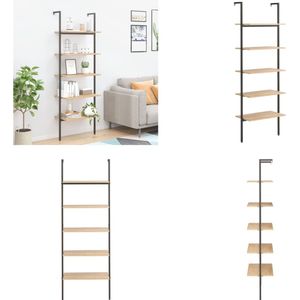 vidaXL Ladderrek met 5 schappen 64x35x185 cm lichtbruin en zwart - Ladderrek - Ladderrrekken - Boekenrek - Boekenkast