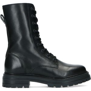 Manfield - Dames - Zwarte leren biker boots met veters - Maat 38