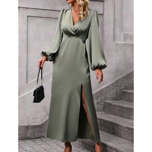 Sexy elegant corrigerende stretch maxi lange khaki jurk met pofmouwen maat L