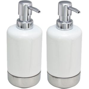 2x stuks zeeppompjes/zeepdispensers wit/zilver keramiek 300 ml - Badkamer/keuken zeep dispenser
