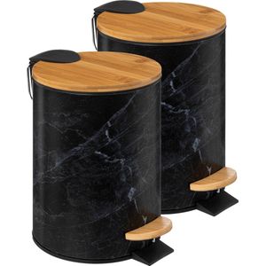 5Five Prullenbak/pedaalemmer Marmer look - 2x - zwart - 3 liter - metaal/bamboe - 17 x 25 cm - soft close