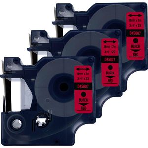 DULA Dymo D1 45807 - S0720870 - Compatible label tape - 3 lettertapes - Zwart op rood - 19mm x 7m