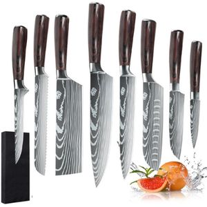 Mercadome® Japanse messen - Koksmes - Damascus mes - 8 delig messenset - Bruin
