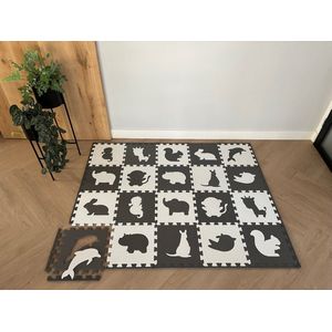 Dieren Foam Puzzel Speelmat Set - 20 Speelmatten - Uitneembare Figuren - Opbergtas - Afwerkranden - Grijs - Wit - Puzzelmat 152x122x1cm