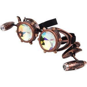 KIMU Goggles Steampunk Bril Met Studs En Led Lampjes - Koper Montuur - Caleidoscoop Glazen - Spacebril Space Caleidoscope Holografisch Festival