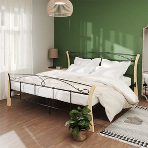 The Living Store Bedframe - Tweepersoonsbed - Metaal en Eikenhout - 206x180x100 cm - Zwart/Lichthout - Montage vereist