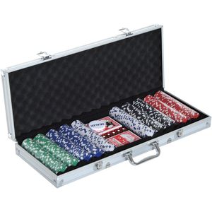 Luxe Pokerset, met 500 pokerfiches 2 kaartspellen 5 dobbelstenen, aluminium koffer 55,5 x 22 x 6,5 cm, voor pokeravonden en spelletjesavonden