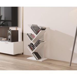 Boom Boekenkast, boomdesktop boekenkast, boekenkast, staande boekenkast, opbergrek voor woonkamer, thuiskantoor, slaapkamer of keuken, 5 planken, wit