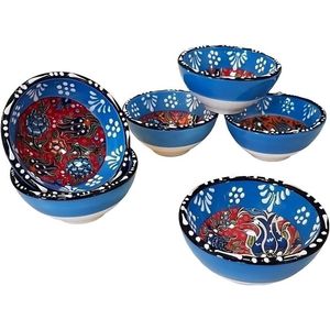 Kleine keramische schalen set van 6 - serveerschalen set voor tapas, dip, dessert, snackschaal - kleurrijke en individueel gedessineerde handgemaakte schalen - 8x4 cm (Iznik Set Blauw)