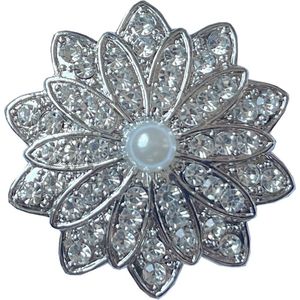 Fako Bijoux® - Magneet Broche XL - Magneetbroche - Bloem Kristal Met Parel - Magnetische Broche - 47x47mm - Zilverkleurig