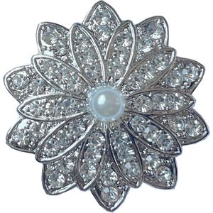 Fako Bijoux® - Magneet Broche XL - Bloem Kristal Met Parel - Magnetische Broche - 47x47mm - Zilverkleurig