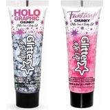 Toppers - Paintglow Chunky Glittergel voor lichaam en gezicht - 2 tubes - zilver en lichtroze - 12 ml