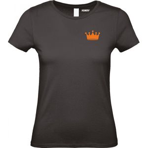 Dames t-shirt Kroontje Klein Oranje | Koningsdag kleding | Oranje Shirt | Zwart Dames | maat L