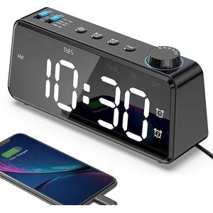 FM-radiowekker met USB-aansluiting, dubbel alarm met weekdag/weekend, 0-100% dimbaar en 6,5 inch groot led-display, digitale wekker met luidspreker, snooze-klok, slaapkamerklok