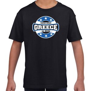 Have fear Greece is here t-shirt met sterren embleem in de kleuren van de Griekse vlag - zwart - kids - Griekenland supporter / Grieks elftal fan shirt / EK / WK / kleding 110/116