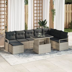 vidaXL - 9-delige - tuinset - met - kussens - in - lichtgrijs - poly - rattan