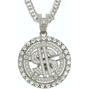 ICYBOY 18K Miami Heren Ketting met Draaibaar Dollar Teken Pendant Verguld Zilver [SILVER-PLATED] [ICED OUT] [30 - 75CM] - Hip Hops Crystal CZ Dollar Sign Pendant Necklace Miami Rotatable