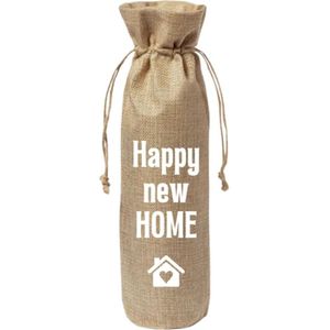 Cadeauverpakking wijnfles - Happy new home - Housewarming - Nieuwe woning - Verhuizen - Wijncadeau - Jute - Wijntas - Geschenkzak - Wijnzak